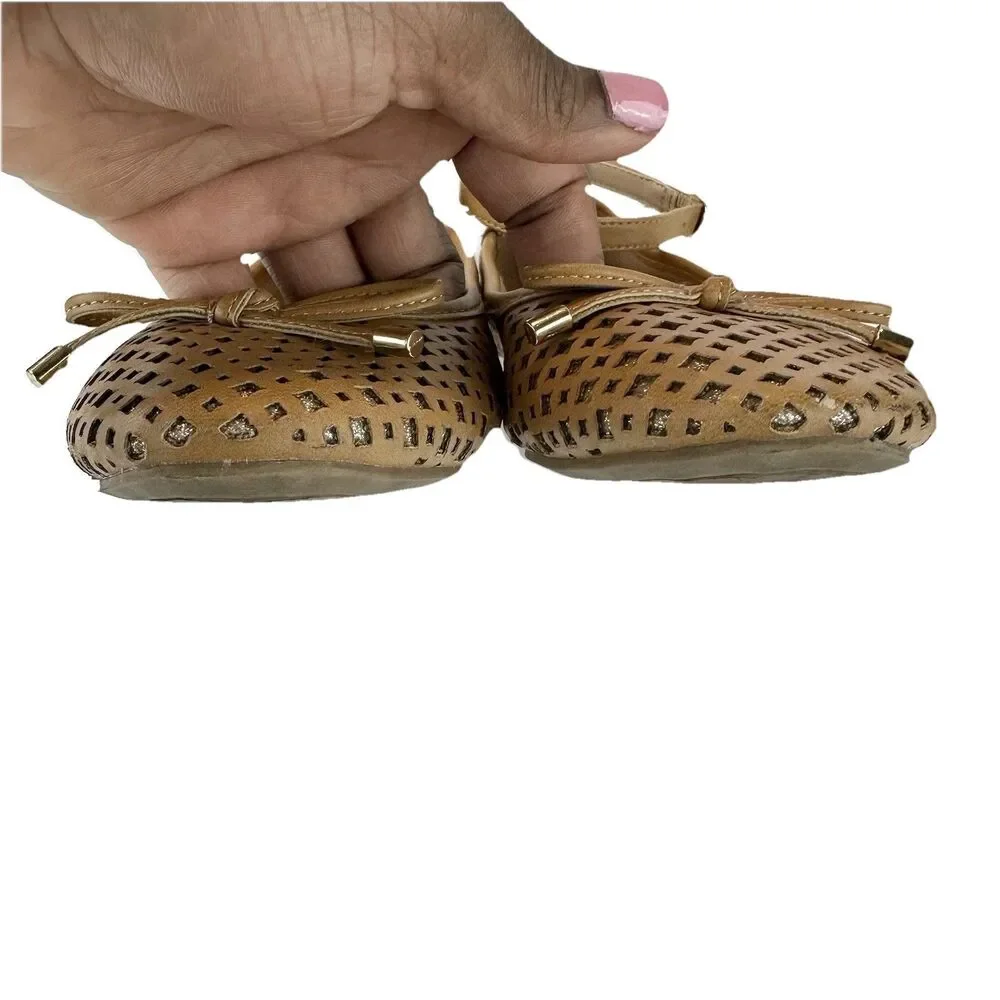 Sugar Evelyn Ballet Flats Girls Sz 2M Tan Brown Buckle Strap Bow Glitter